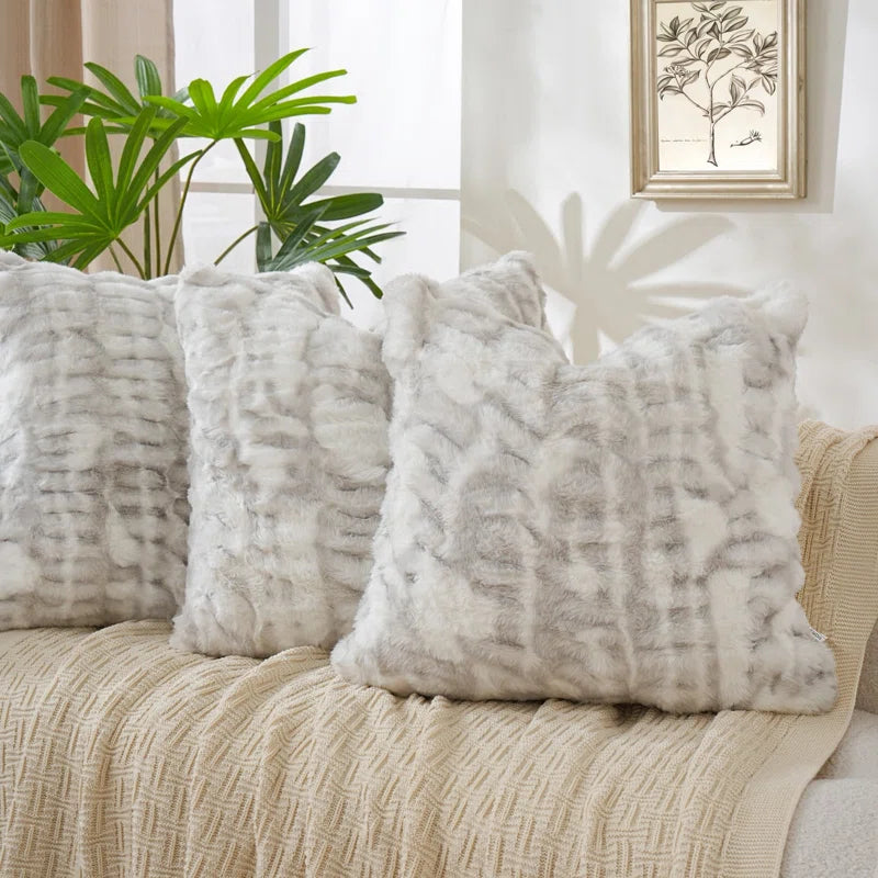 2-Pack Soft Faux Rabbit Fur Pillow Covers 18x18 Inch， Plush Fluffy Decorative Throw Pillowcases with Zipper, Cozy Cushion Covers for Sofa Couch Bed, Grey