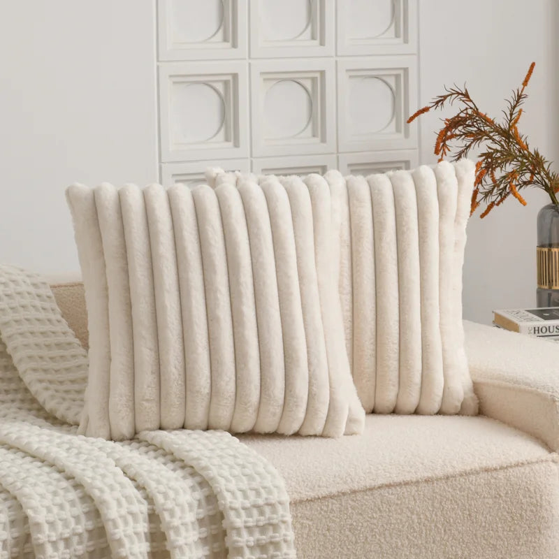 Soft Cozy Faux Rabbit Fur Throw Pillow Covers Striped Decorative Cushion Covers (Set of 2)