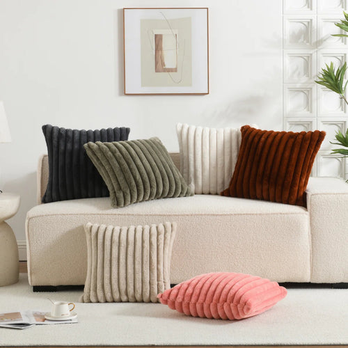 Soft Cozy Faux Rabbit Fur Throw Pillow Covers Striped Decorative Cushion Covers (Set of 2)