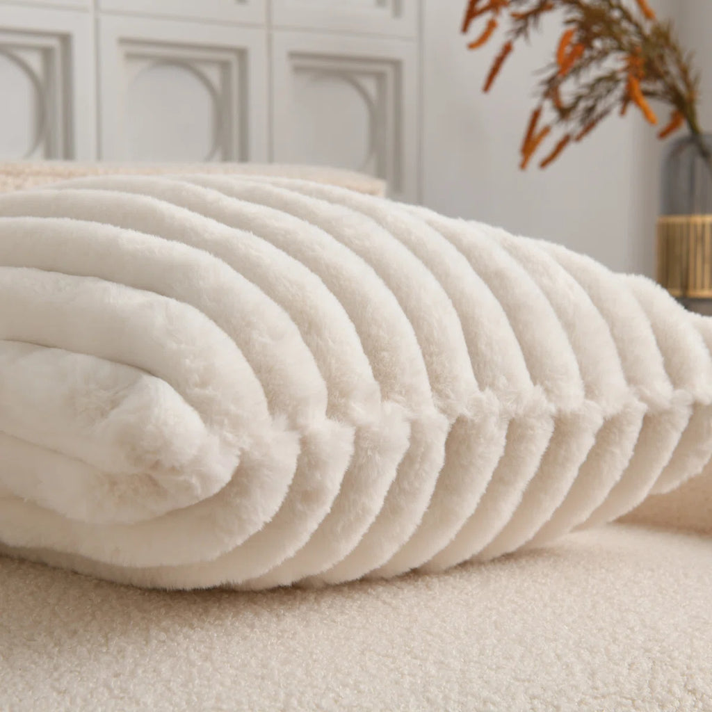 Soft Cozy Faux Rabbit Fur Throw Pillow Covers Striped Decorative Cushion Covers (Set of 2)