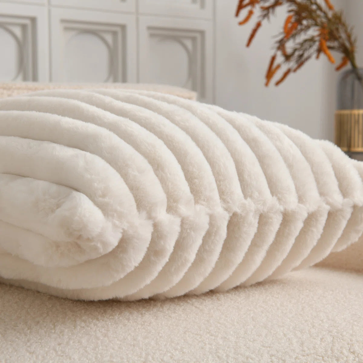 Soft Cozy Faux Rabbit Fur Throw Pillow Covers Striped Decorative Cushion Covers (Set of 2)